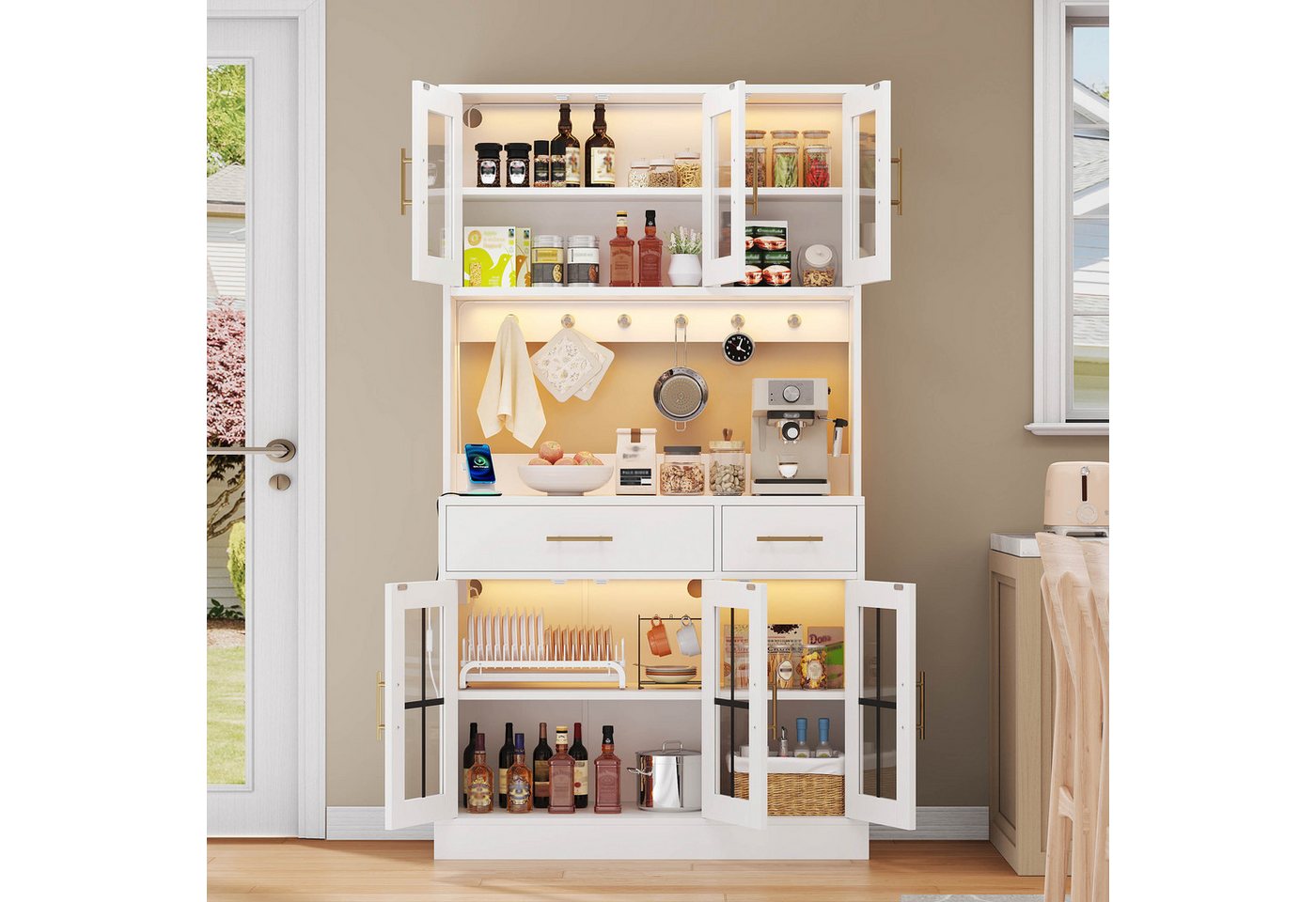 Ulife Küchenbuffet Küchen-Anrichte mit LED und Steckdose, 6 Türen, 2 Schubladen (1-St) Landhausstil, verstellbare Böden, goldene Griffe, weiß 180×100 cm Bild 5