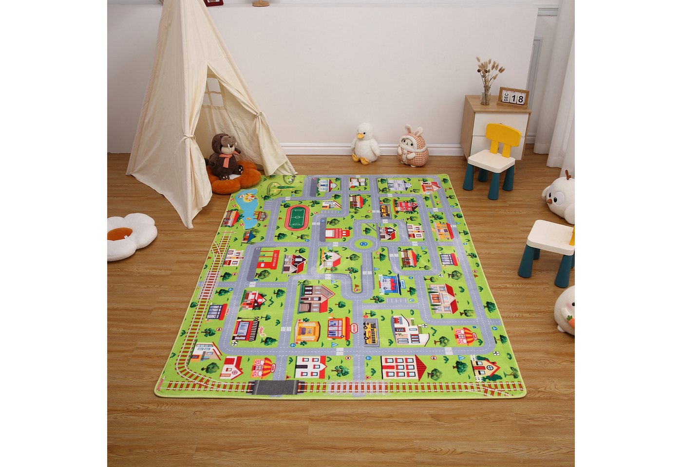 GarveeMore Teppich Rutschfester Kinderteppich Lernteppich Weicher Spielteppich mit Stadt, rechteckig, Für Kinderzimmer, Spielzimmer, Klassenzimmer & Babyzimmer