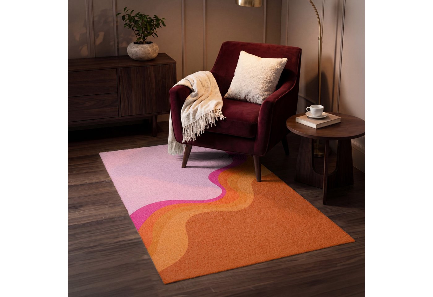 OnlyWow Teppich Retro - Wellen - Farbenfroh, Rechteckig, Schlafzimmer, Vorleger, Kurzflor, Carpet 80x120 cm Bild 3