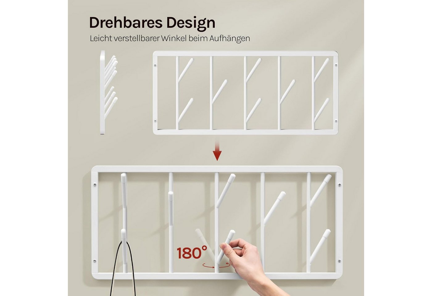 Woltu Wandgarderobe (1 St), mit 8 drehbaren Garderobenhaken, aus Metall