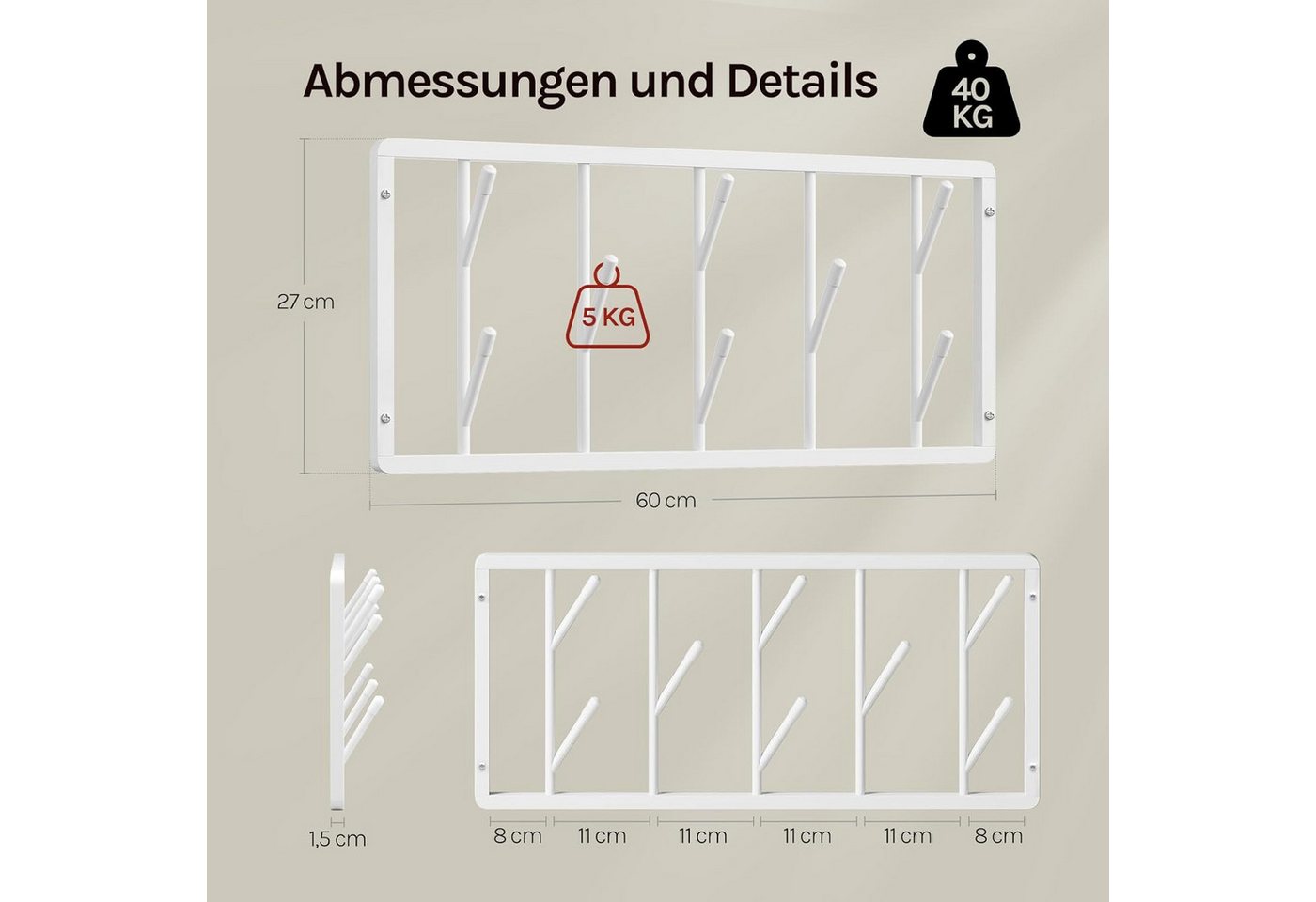 Woltu Wandgarderobe (1 St), mit 8 drehbaren Garderobenhaken, aus Metall Bild 5