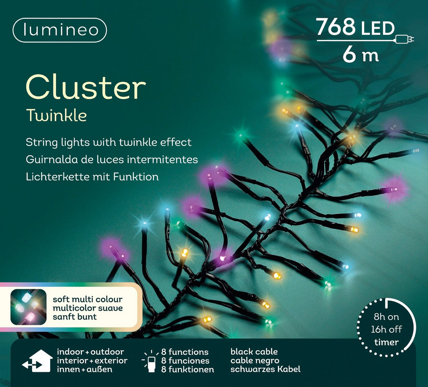 Lumineo LED-Lichterkette Lumineo Lichterkette Cluster 768 LED 7 m Sanftes Bunt, schwarzes Kabel, Dimmbar, Timer, Indoor, Outdoor Bild 3