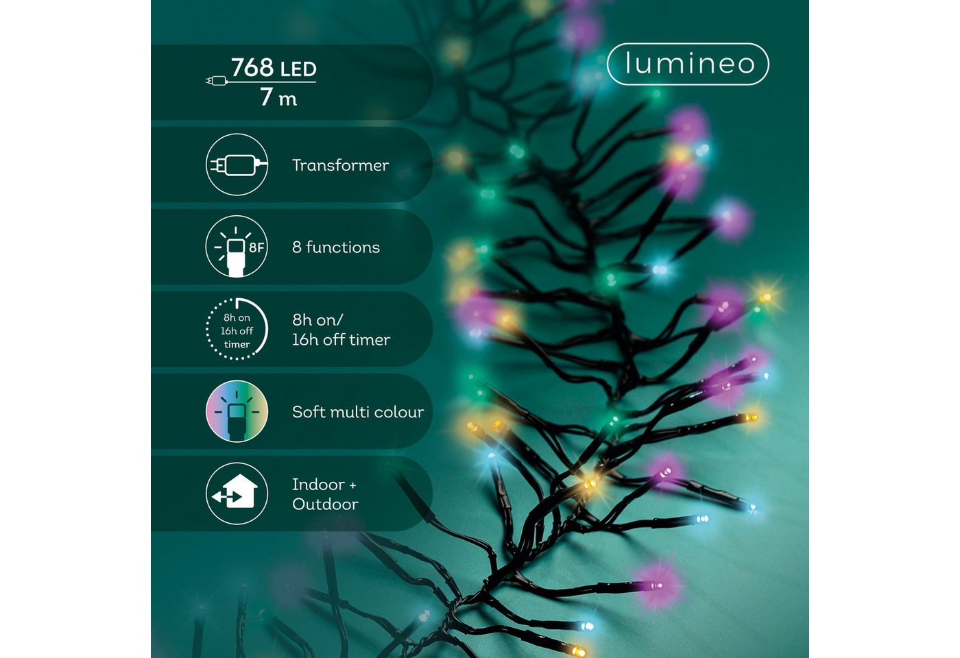 Lumineo LED-Lichterkette Lumineo Lichterkette Cluster 768 LED 7 m Sanftes Bunt, schwarzes Kabel, Dimmbar, Timer, Indoor, Outdoor Bild 5