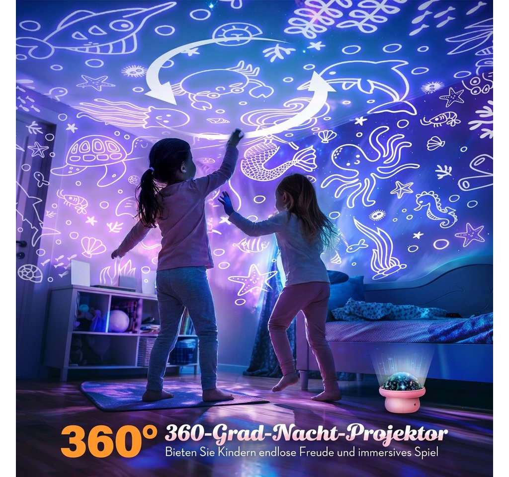 Wootoy LED Nachtlicht Mushroom Sternenhimmel Projektor Nachttischlampe mit 6 Lichtmodi, mit 10-Stunden-Timer 3 austauschbaren Projektionsfilmen und 360° rotierende Projektion, LED fest integriert, verschiedenen Farben und sanften Beleuchtungseffekten, Dekorative Beleuchtung für Kinderzimmer Schlafzimmer und Wohnräume