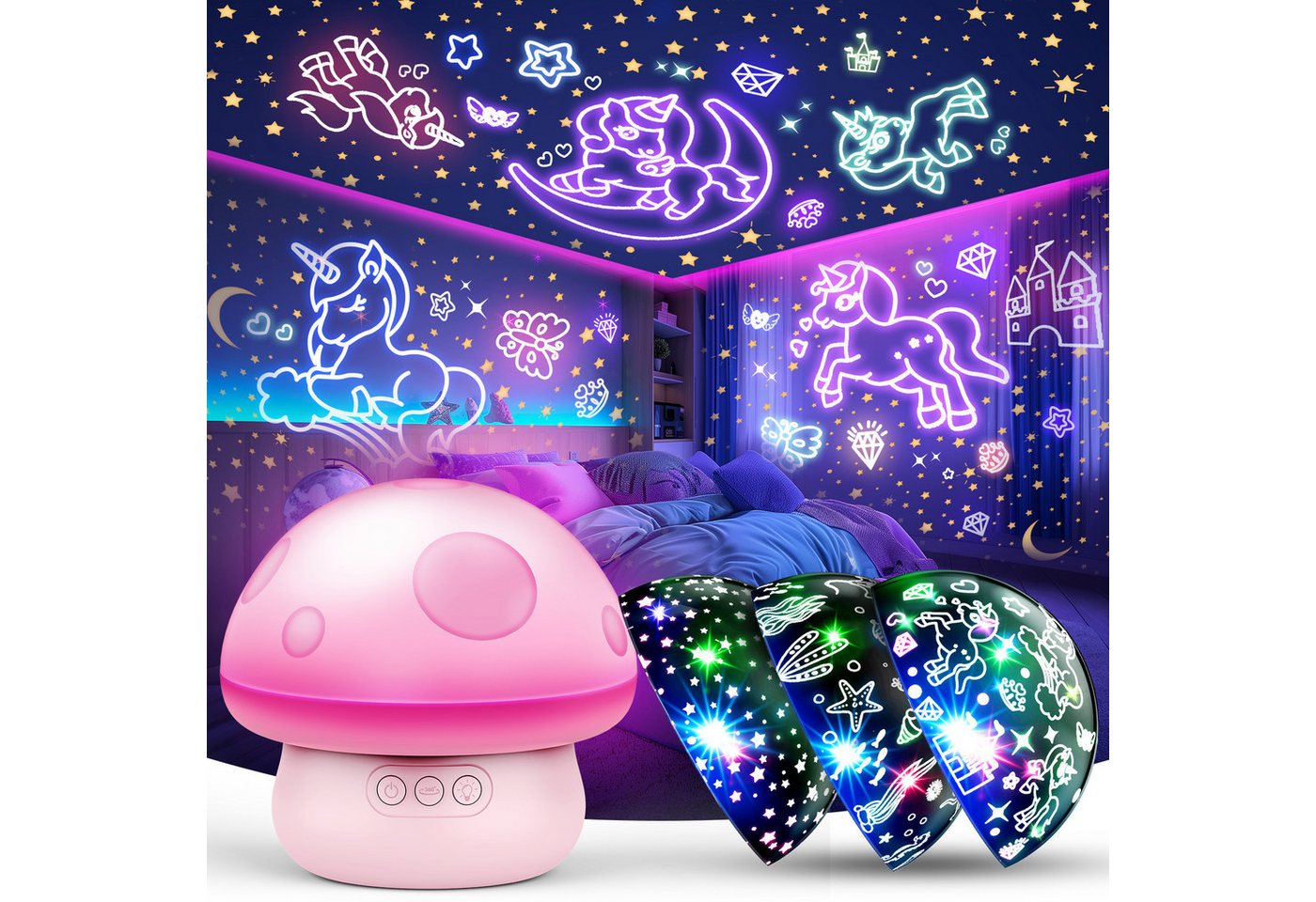 Wootoy LED Nachtlicht Mushroom Sternenhimmel Projektor Nachttischlampe mit 6 Lichtmodi, mit 10-Stunden-Timer 3 austauschbaren Projektionsfilmen und 360° rotierende Projektion, LED fest integriert, verschiedenen Farben und sanften Beleuchtungseffekten, Dekorative Beleuchtung für Kinderzimmer Schlafzimmer und Wohnräume Bild 4