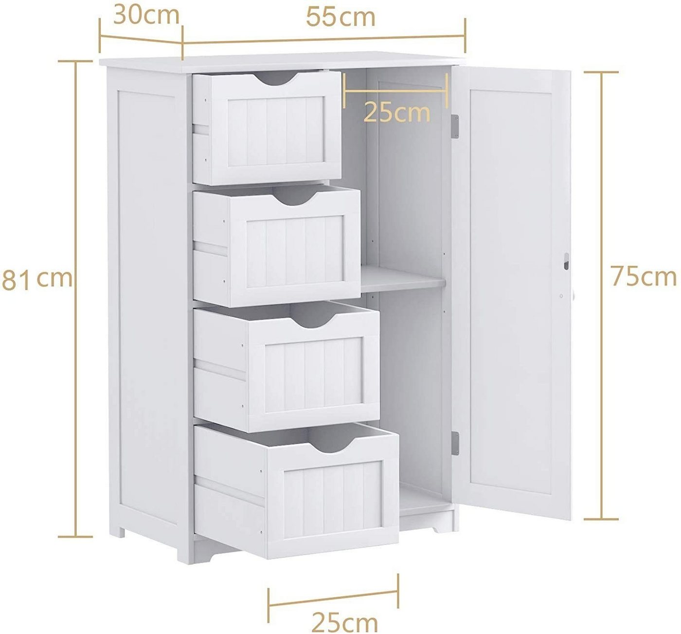 COSTWAY Badkommode, mit 4 Schubladen & 1-türigem Schrank,55 x 30 x 81 cm Bild 4
