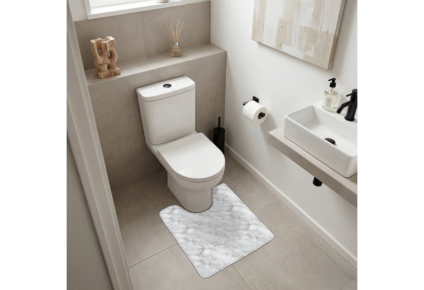 OnlyWow WC-Vorleger Grau - Weiß - Marmor, H öhe 10 mm, Polyester, U-Form, Vorleger mit Ausschnitt, Toilettenvorleger, Toilettenteppich Bild 3