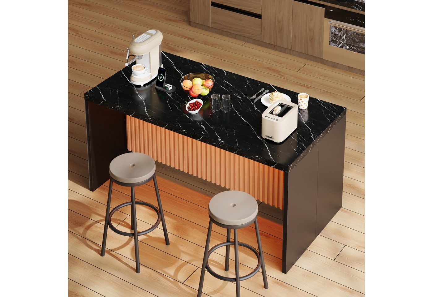 Flieks Kücheninsel Küchenschrank mit Arbeitsplatte, LED-Beleuchtung, Steckdosen, (155x80x90 cm), multifunktional Mehrzweckschrank mit Ladenfunktion, weiße Marmoroptik