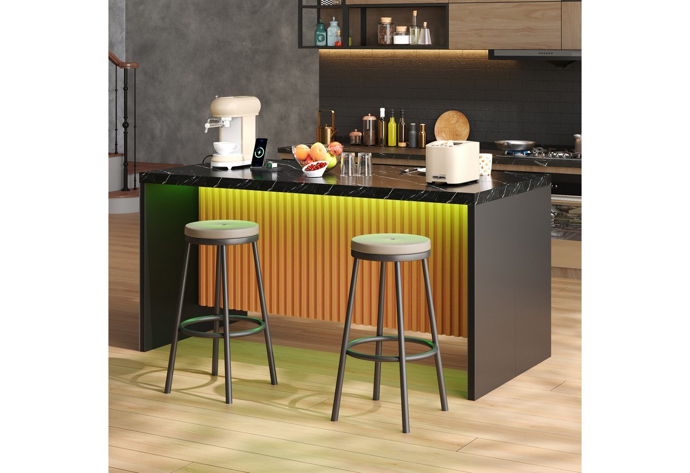 Flieks Kücheninsel Küchenschrank mit Arbeitsplatte, LED-Beleuchtung, Steckdosen, (155x80x90 cm), multifunktional Mehrzweckschrank mit Ladenfunktion, weiße Marmoroptik Bild 4