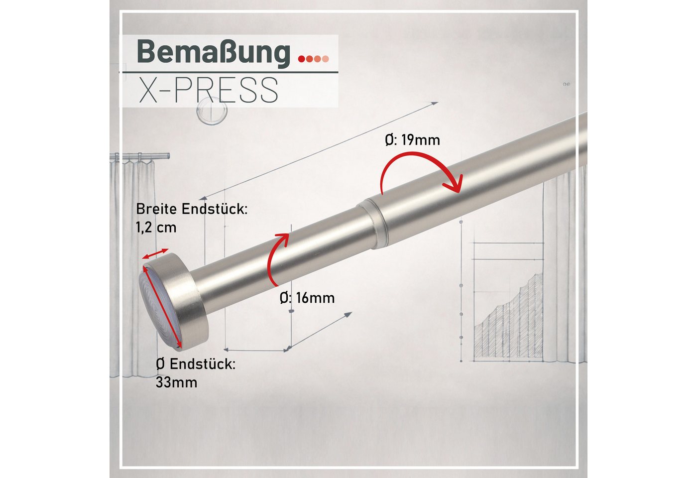 Deco-Raum Duschvorhangstange X-press, Ø 19 mm, 1-läufig, ausdrehbar, ohne Bohren, geklemmt, Metall, flexibel einsetzbar Bild 3