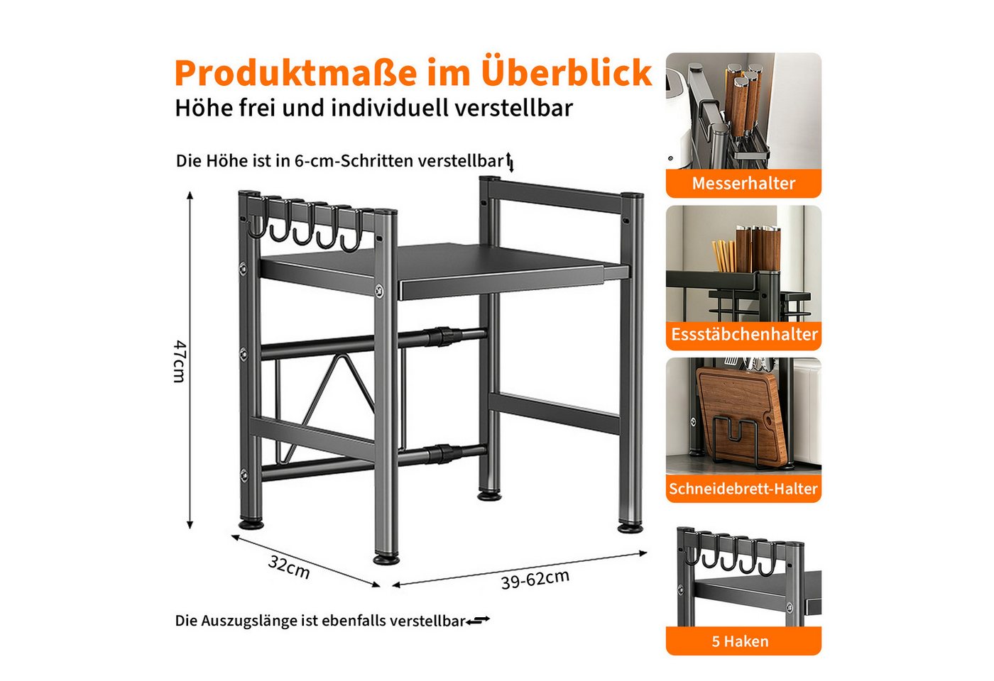 Esun Standregal Mikrowellen Regal 2-Stufig Microwave Shelf Schrank Küchenregal, Stahl, Mikrowellenregal mit 5 Haken, Schneidebrettständer