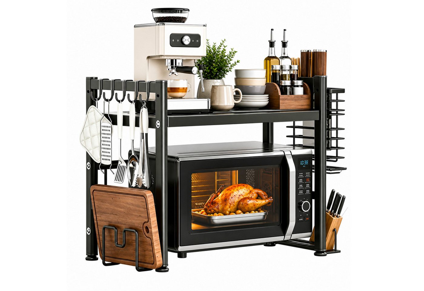 Esun Standregal Mikrowellen Regal 2-Stufig Microwave Shelf Schrank Küchenregal, Stahl, Mikrowellenregal mit 5 Haken, Schneidebrettständer Bild 5