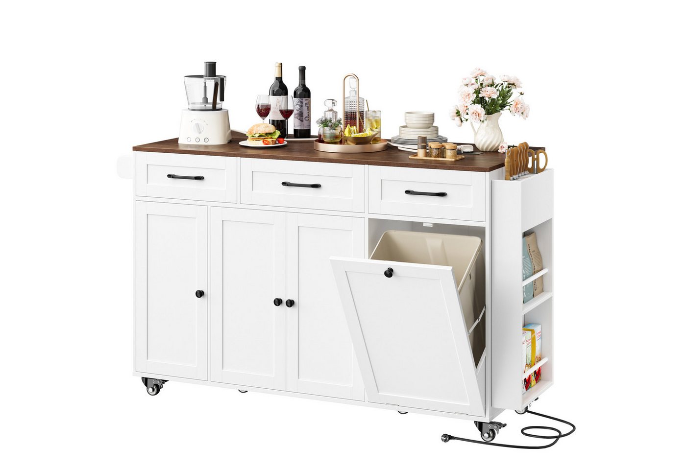 Homfa Küchenwagen mit Steckdoseleiste, klappbarer Arbeitsplatte & Messerblock, Kücheninsel mit Rollen, Küchenschrank mit Müllsystem 135x88x60cm