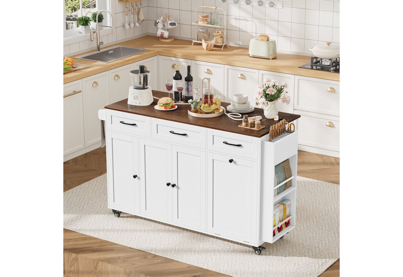 Homfa Küchenwagen mit Steckdoseleiste, klappbarer Arbeitsplatte & Messerblock, Kücheninsel mit Rollen, Küchenschrank mit Müllsystem 135x88x60cm Bild 3