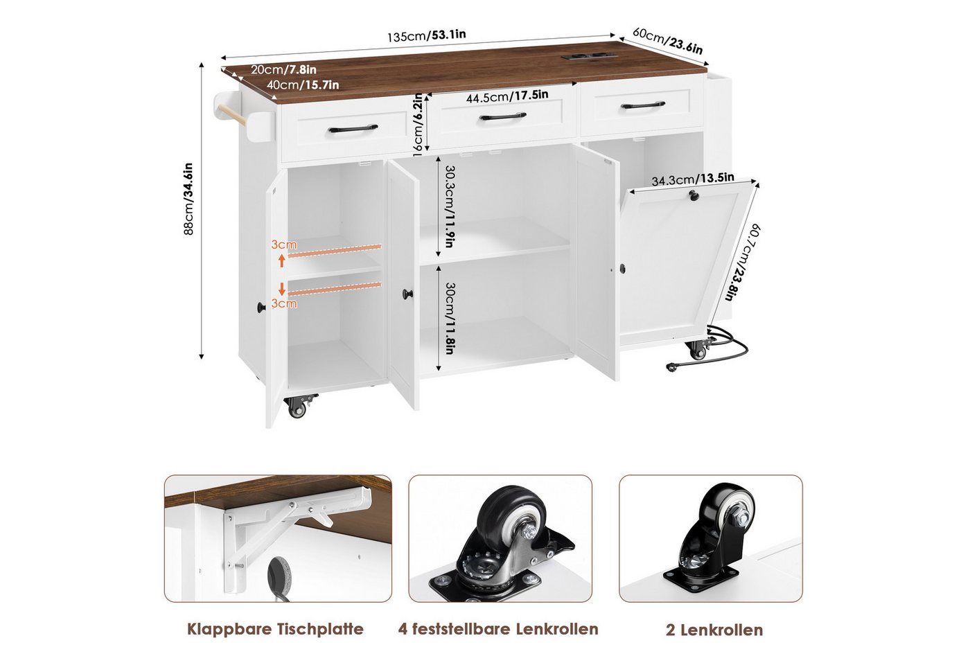 Homfa Küchenwagen mit Steckdoseleiste, klappbarer Arbeitsplatte & Messerblock, Kücheninsel mit Rollen, Küchenschrank mit Müllsystem 135x88x60cm Bild 5
