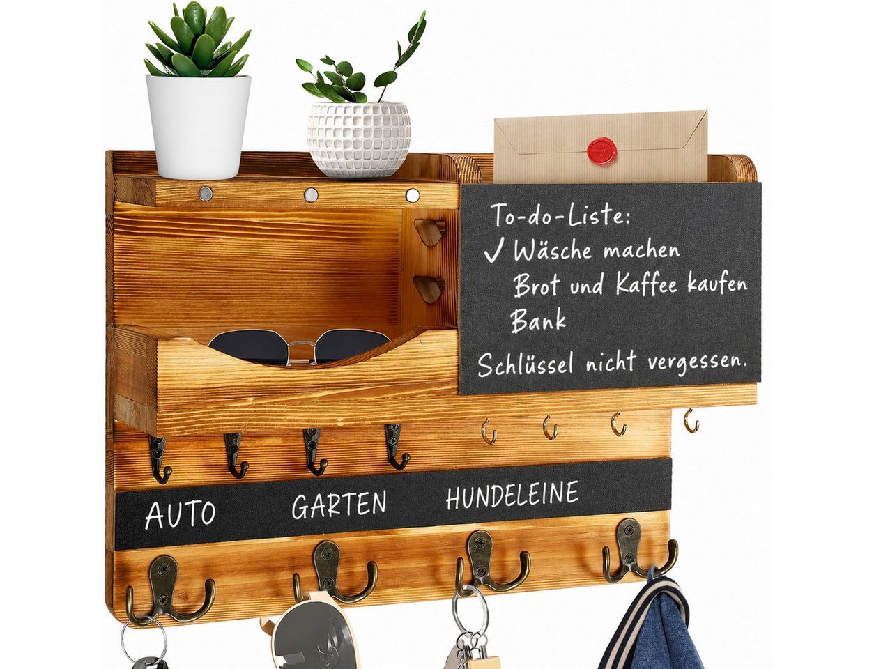 AIMAX Wandgarderobe Schlüsselbrett Schlüsselablage Holz Wand mit Ablage, Haken, (1 St, 37 cm L x 28.5 cm B x 8.5 cm), Schlüsselboard Schlusselhanger