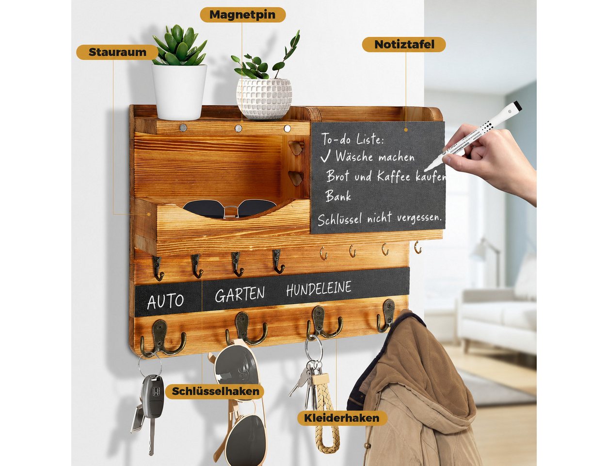 AIMAX Wandgarderobe Schlüsselbrett Schlüsselablage Holz Wand mit Ablage, Haken, (1 St, 37 cm L x 28.5 cm B x 8.5 cm), Schlüsselboard Schlusselhanger Bild 2