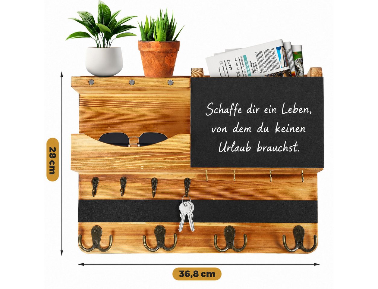AIMAX Wandgarderobe Schlüsselbrett Schlüsselablage Holz Wand mit Ablage, Haken, (1 St, 37 cm L x 28.5 cm B x 8.5 cm), Schlüsselboard Schlusselhanger Bild 3