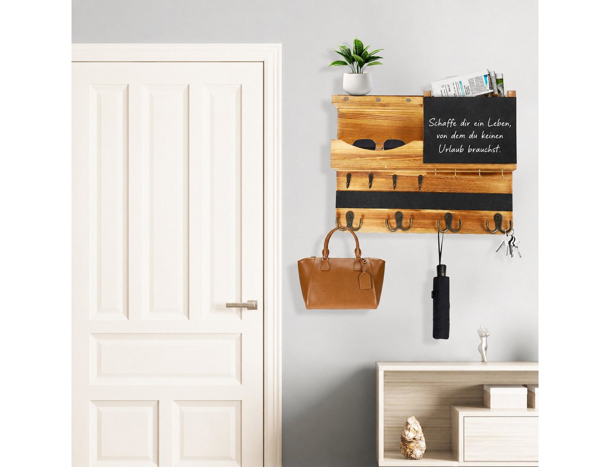 AIMAX Wandgarderobe Schlüsselbrett Schlüsselablage Holz Wand mit Ablage, Haken, (1 St, 37 cm L x 28.5 cm B x 8.5 cm), Schlüsselboard Schlusselhanger Bild 4