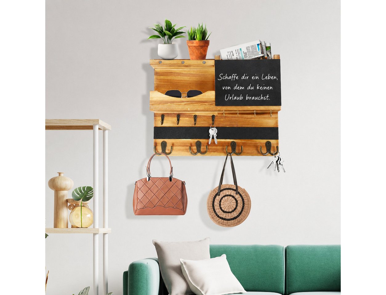AIMAX Wandgarderobe Schlüsselbrett Schlüsselablage Holz Wand mit Ablage, Haken, (1 St, 37 cm L x 28.5 cm B x 8.5 cm), Schlüsselboard Schlusselhanger Bild 5