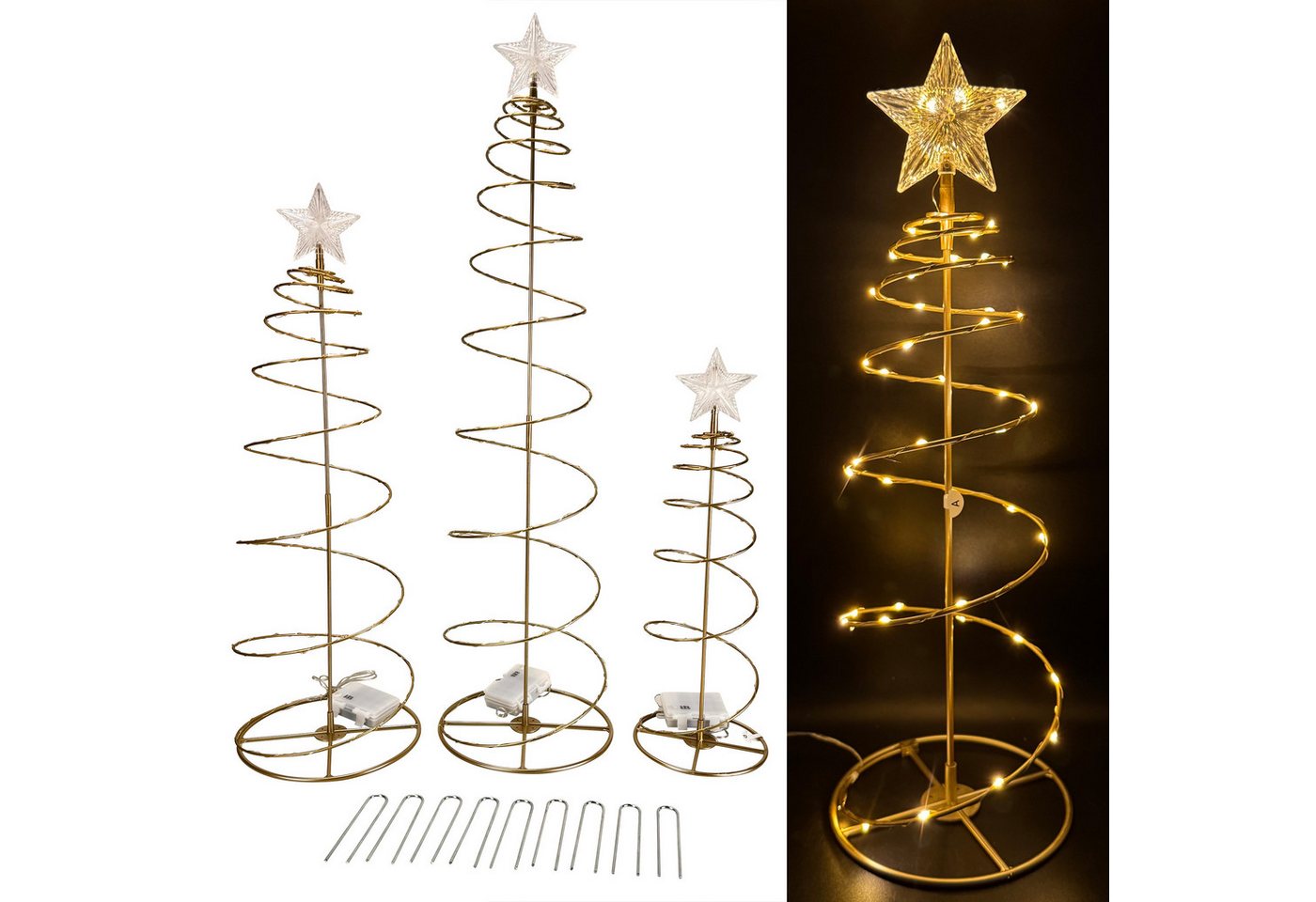 Online-Fuchs LED Baum 3er Set Lichterbäume mit Sternenspitze - Weihnachtsdeko für draußen, Indoor & Outdoor, Lichterketten mit 233 warmweißen LED´s, inklusive 6-Stunden Timerfunktion - mit Batterien