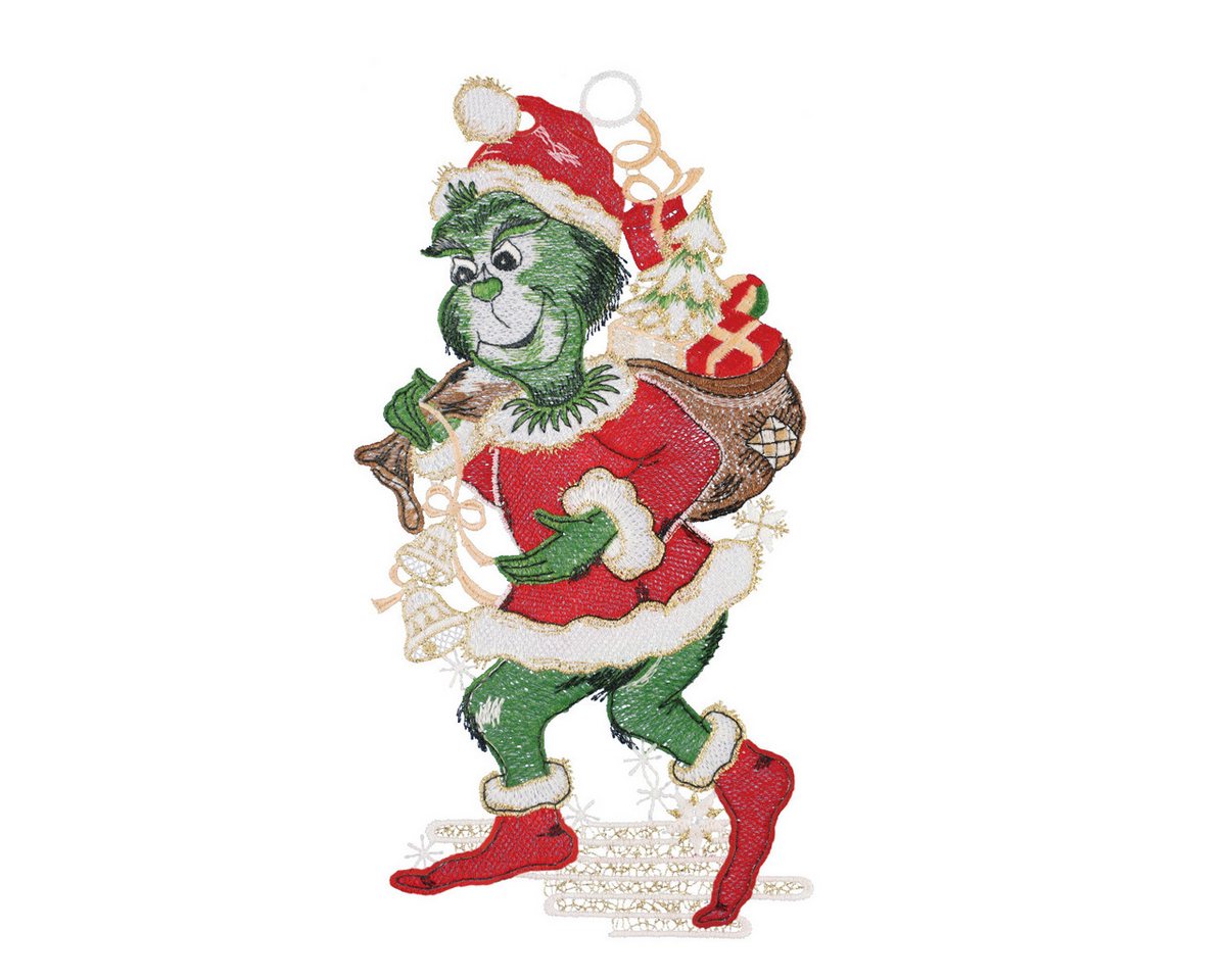 W. Reuter & Sohn - Plauener Spitze® Fensterbild Fensterbild „Grinch-Weihnachtsmuffel“, 15 x 28 cm, Plauener Spitze
