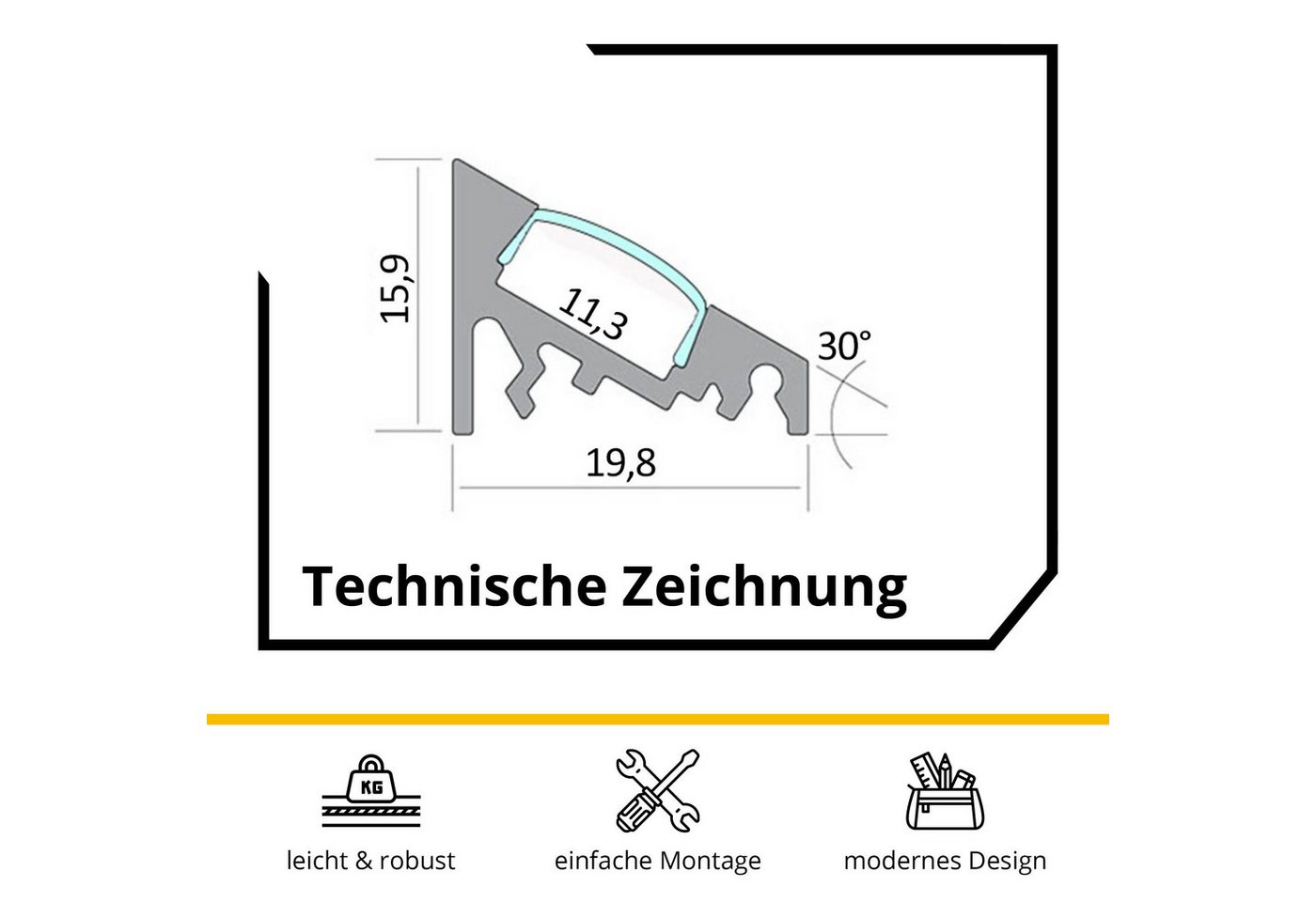 tktrading24 LED-Stripe-Profil A20 LED Profil Silber mit Abdeckung - Premium Eckprofil 30°