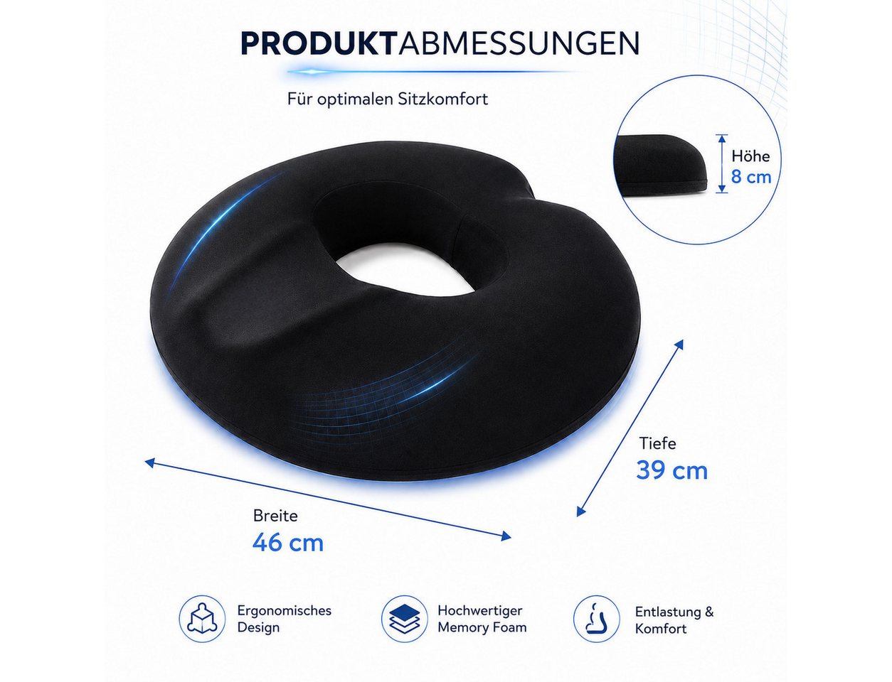 Kityhome Sitzkissen Orthopädisches Sitzkissen, Doppel-U-Form, Memory Foam, Hämorrhoiden, 46x39x8cm,geeignet für Bürostuhl,Autositz,Steißbeinschmerzen Bild 3