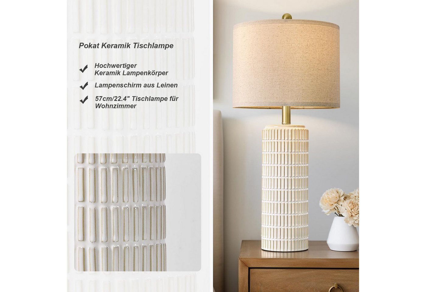 Jibenhome Schreibtischlampe Dimmable Leinenlampenschirm Keramiktischlampe mit Fernbedienung, 2er Set Nachtlicht für Schlafzimmer, Wohnzimmer, Büros
