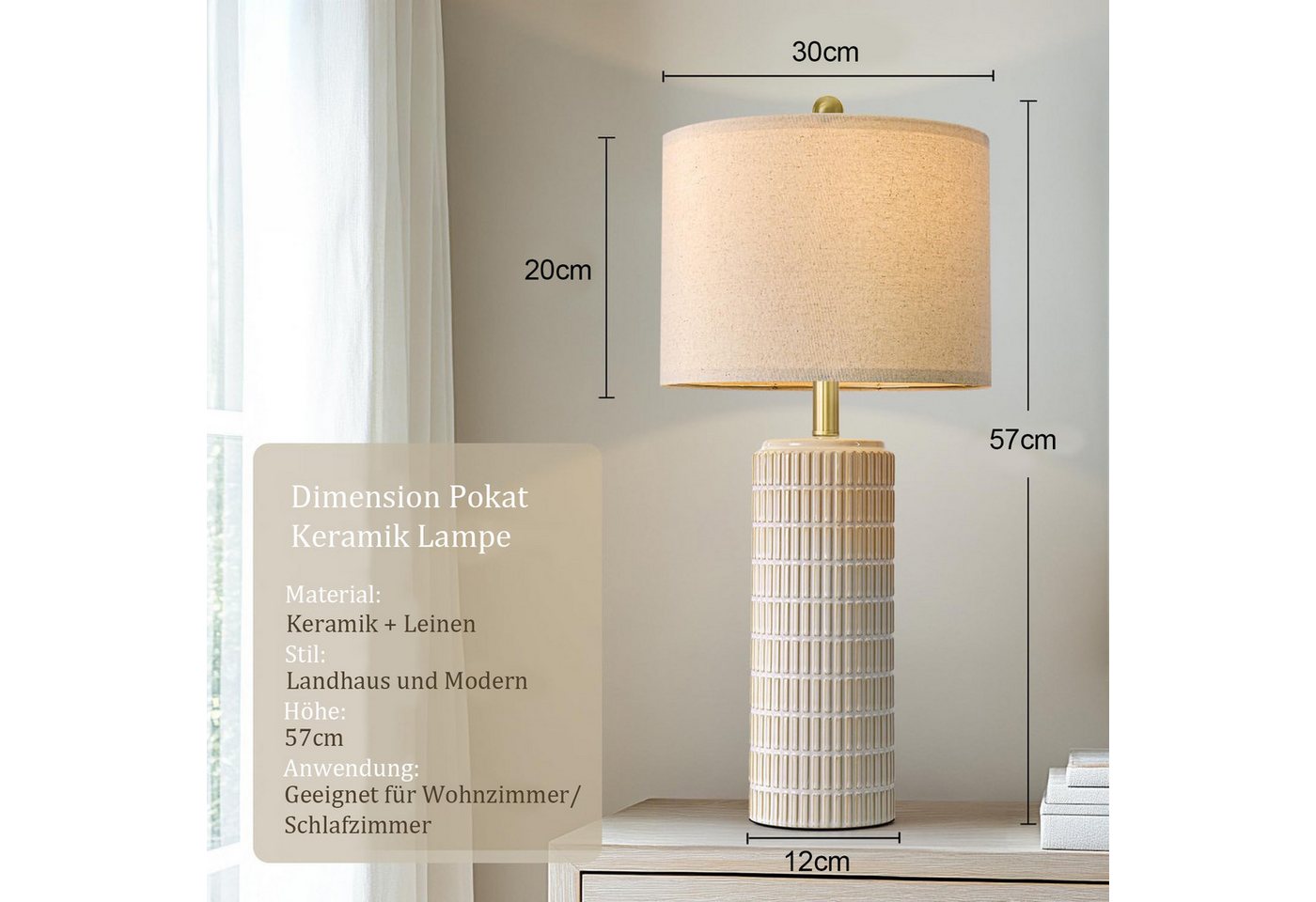 Jibenhome Schreibtischlampe Dimmable Leinenlampenschirm Keramiktischlampe mit Fernbedienung, 2er Set Nachtlicht für Schlafzimmer, Wohnzimmer, Büros Bild 2