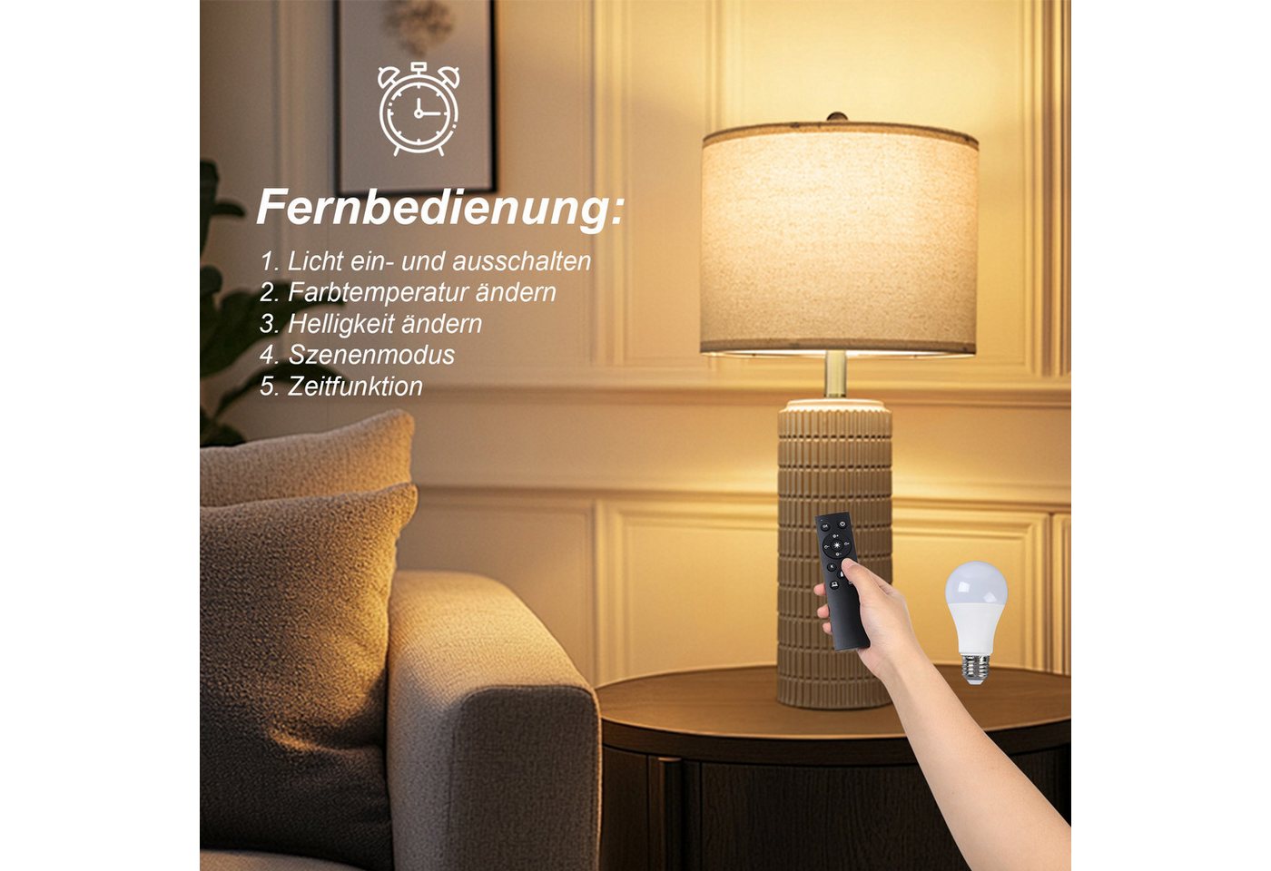 Jibenhome Schreibtischlampe Dimmable Leinenlampenschirm Keramiktischlampe mit Fernbedienung, 2er Set Nachtlicht für Schlafzimmer, Wohnzimmer, Büros Bild 3