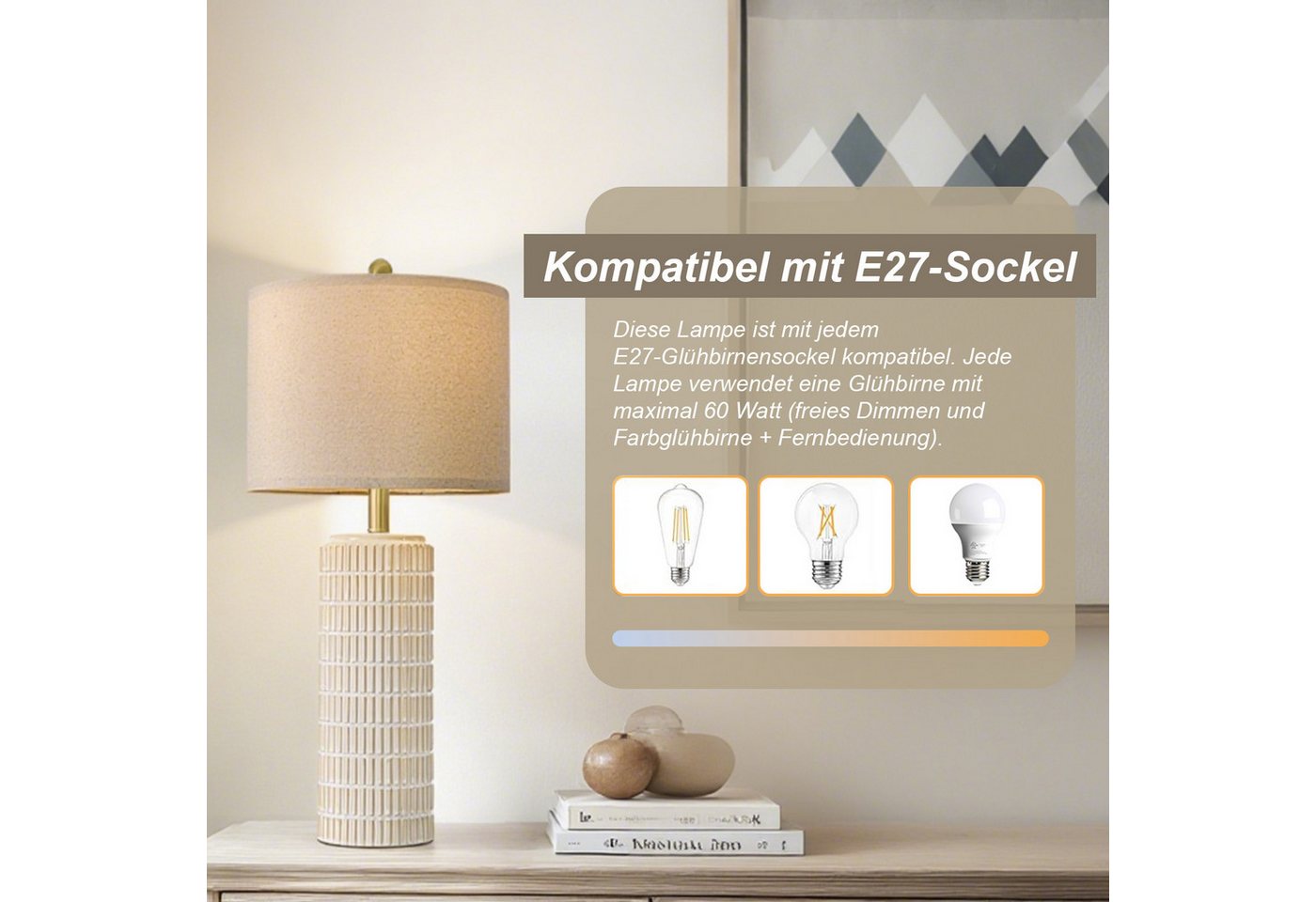 Jibenhome Schreibtischlampe Dimmable Leinenlampenschirm Keramiktischlampe mit Fernbedienung, 2er Set Nachtlicht für Schlafzimmer, Wohnzimmer, Büros Bild 4