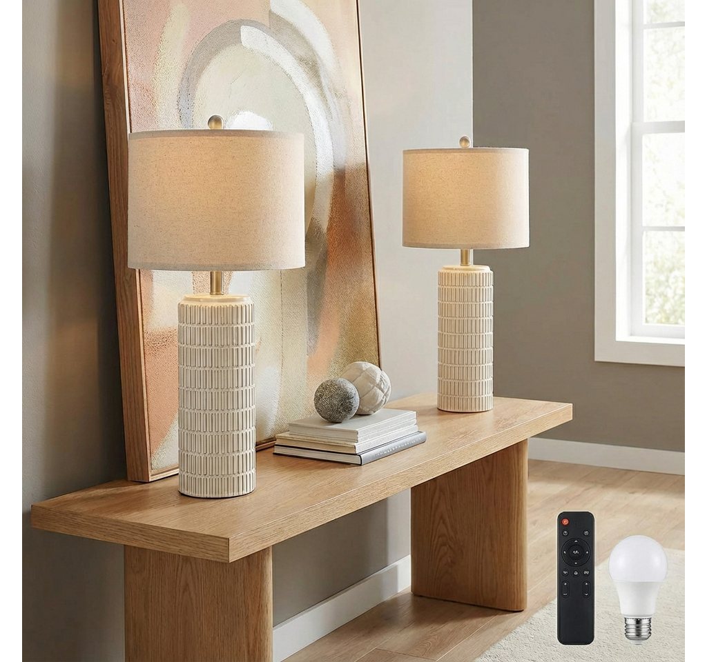 Jibenhome Schreibtischlampe Dimmable Leinenlampenschirm Keramiktischlampe mit Fernbedienung, 2er Set Nachtlicht für Schlafzimmer, Wohnzimmer, Büros Bild 5