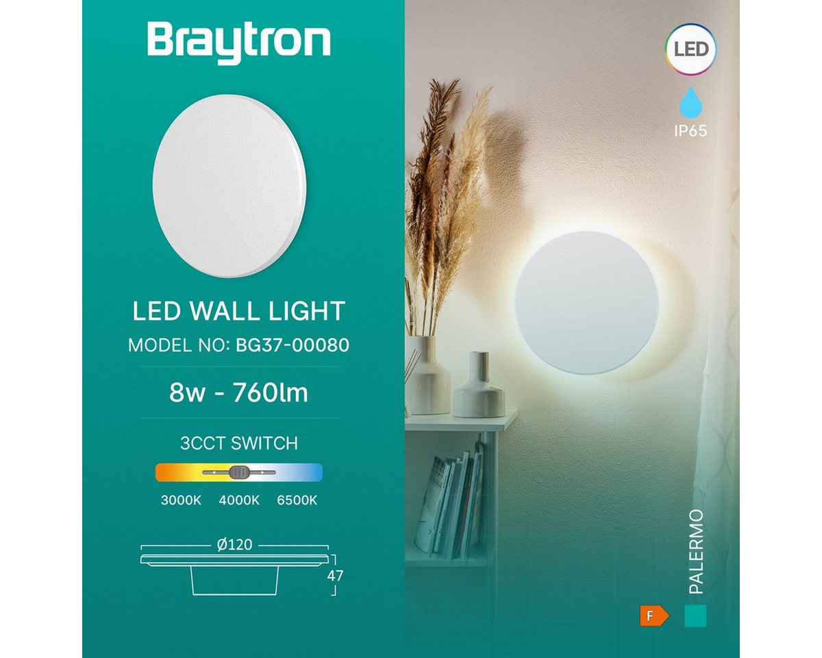Braytron LED Wandleuchte Designer Wandlicht indirekte Beleuchtung 8W klein Ø12cm, LED fest integriert, Neutralweiß, Kaltweiß, Warmweiß, Energieeffizient, Flimmerfrei, Langlebig, Spritzwassergeschützt, 3CCT Bild 4