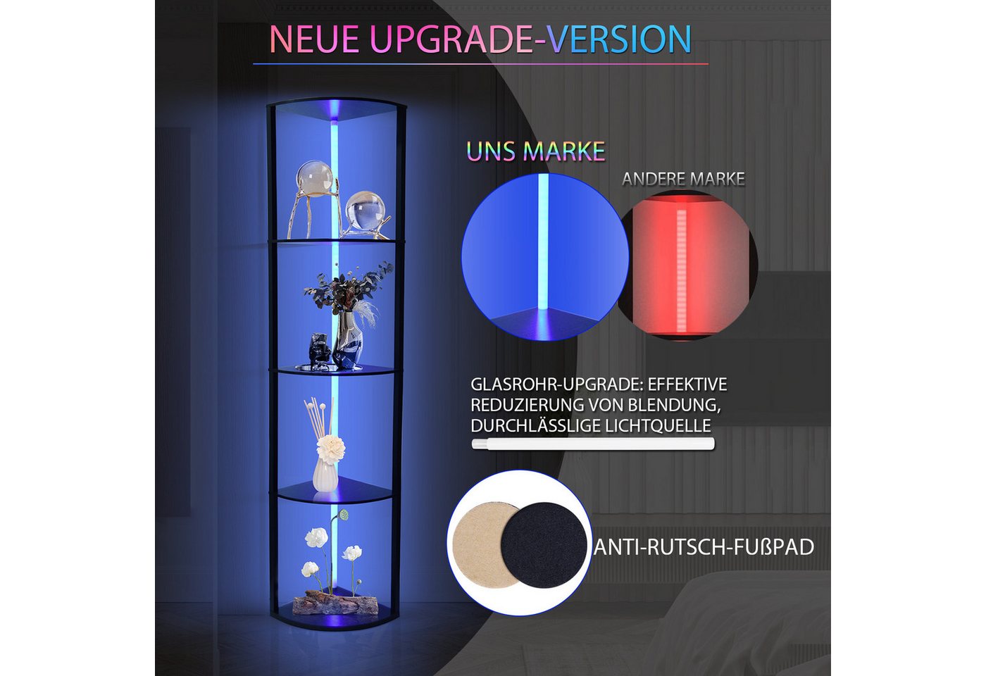 XIIW Eckregal LED Bücherregal Holz Regal Stehlampe Stehend Standregal Eckvitrine, 5 Stufige 162x30x30cm Kaltesweiß Warmweiß RGB, Dimmbar mit App & FB für Wohnzimmer, Schlafzimmer Bild 2