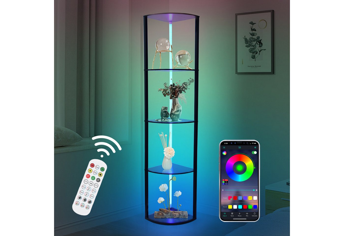 XIIW Eckregal LED Bücherregal Holz Regal Stehlampe Stehend Standregal Eckvitrine, 5 Stufige 162x30x30cm Kaltesweiß Warmweiß RGB, Dimmbar mit App & FB für Wohnzimmer, Schlafzimmer Bild 3