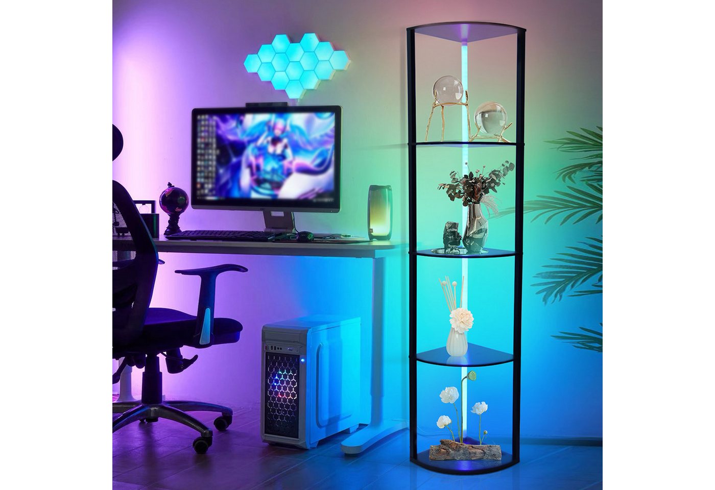 XIIW Eckregal LED Bücherregal Holz Regal Stehlampe Stehend Standregal Eckvitrine, 5 Stufige 162x30x30cm Kaltesweiß Warmweiß RGB, Dimmbar mit App & FB für Wohnzimmer, Schlafzimmer Bild 4