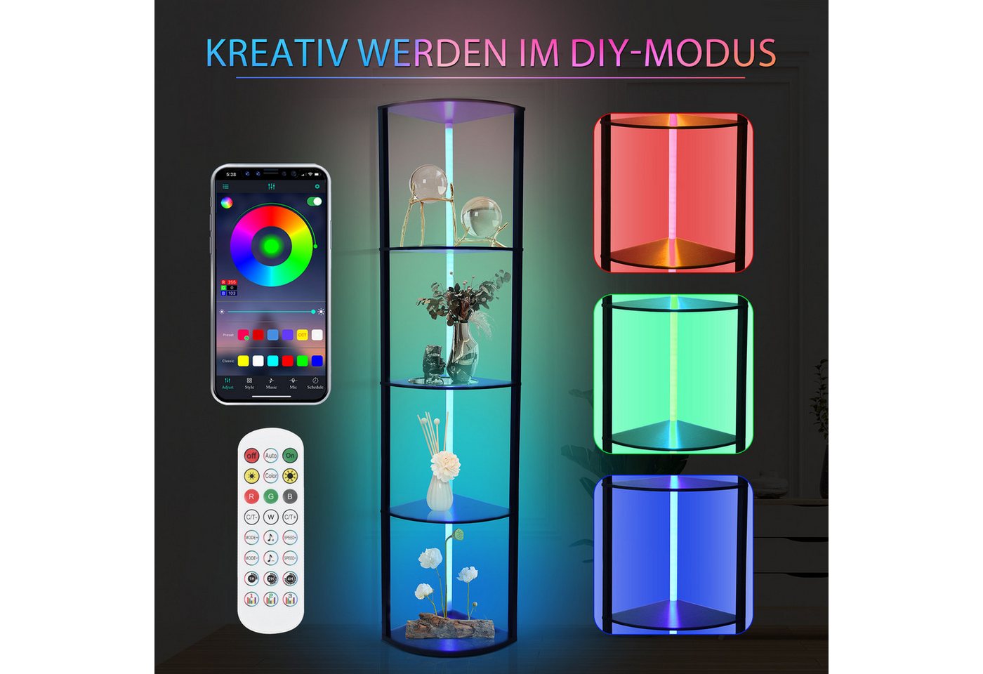XIIW Eckregal LED Bücherregal Holz Regal Stehlampe Stehend Standregal Eckvitrine, 5 Stufige 162x30x30cm Kaltesweiß Warmweiß RGB, Dimmbar mit App & FB für Wohnzimmer, Schlafzimmer Bild 5