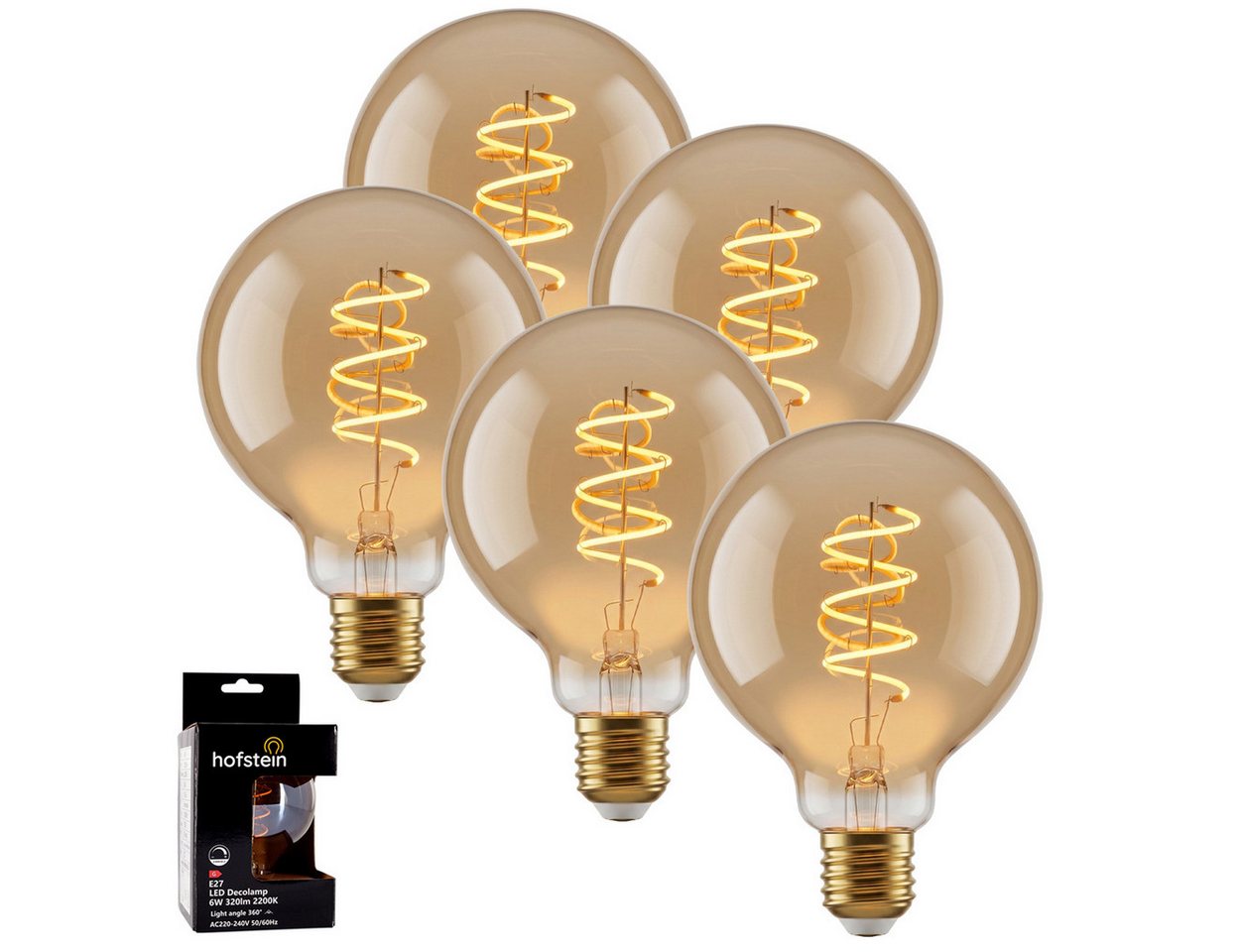 hofstein LED-Leuchtmittel 5er Set Glühbirne Extra Warmweiß dimmbar 6 Watt, E27, 2200 Kelvin, 320 Lumen, Globe Vintage, Filament Spirale, Amber Bild 5