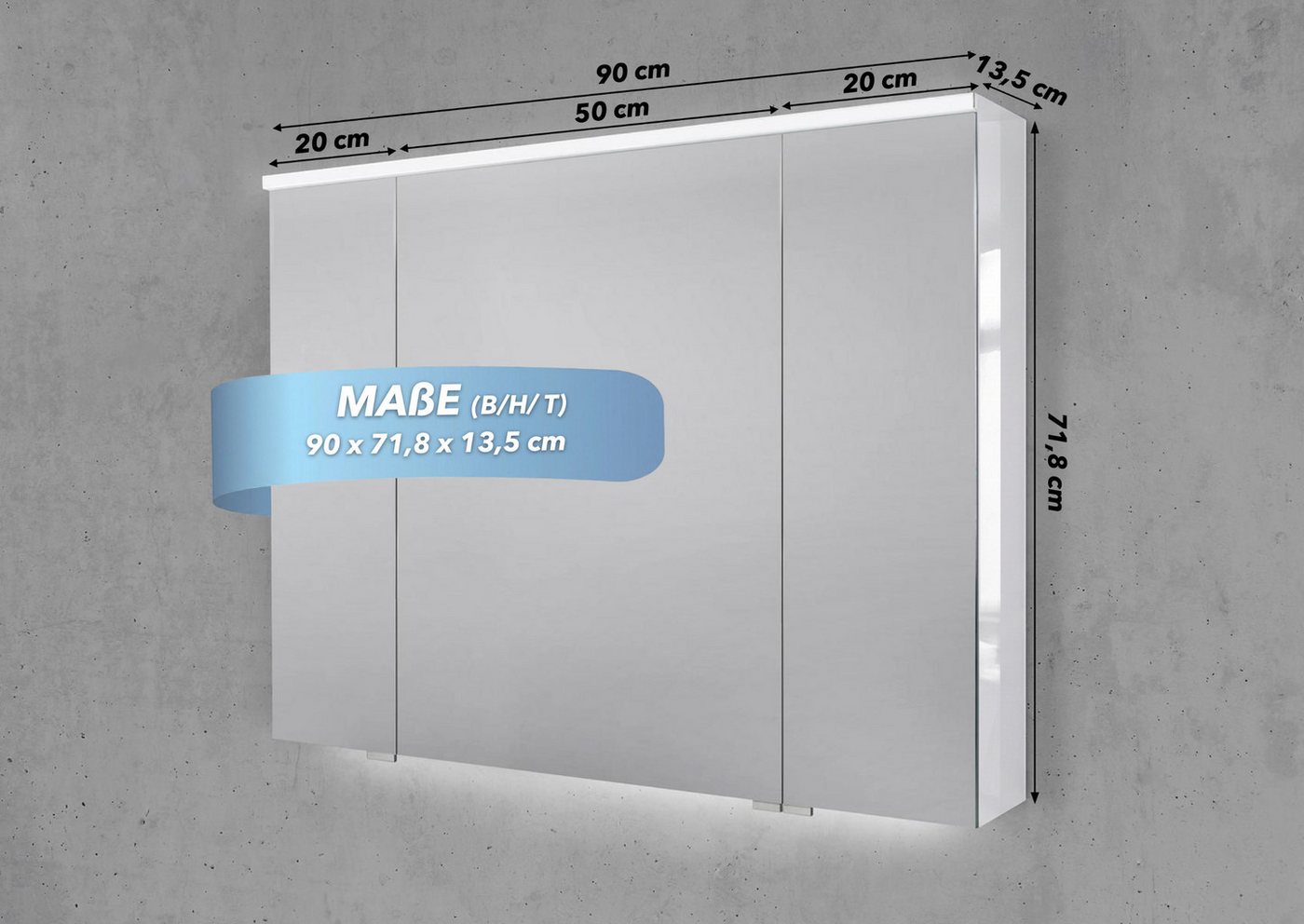Intarbad Badezimmerspiegelschrank 3-türiger Spiegelschrank mit MULTI LED Beleuchtung, stufenlos dimmbar (Doppelspiegeltüren, Holz-/ Lackdekore, Maße von 90 bis 180 cm wählbar, Höhe 71,8 cm, Glasfachböden, Magnetleiste & Kosmetikspiegel Ø 12 cm) Vormontierte Lieferung, Floatglas, 160 kg Traglast, Made in Germany