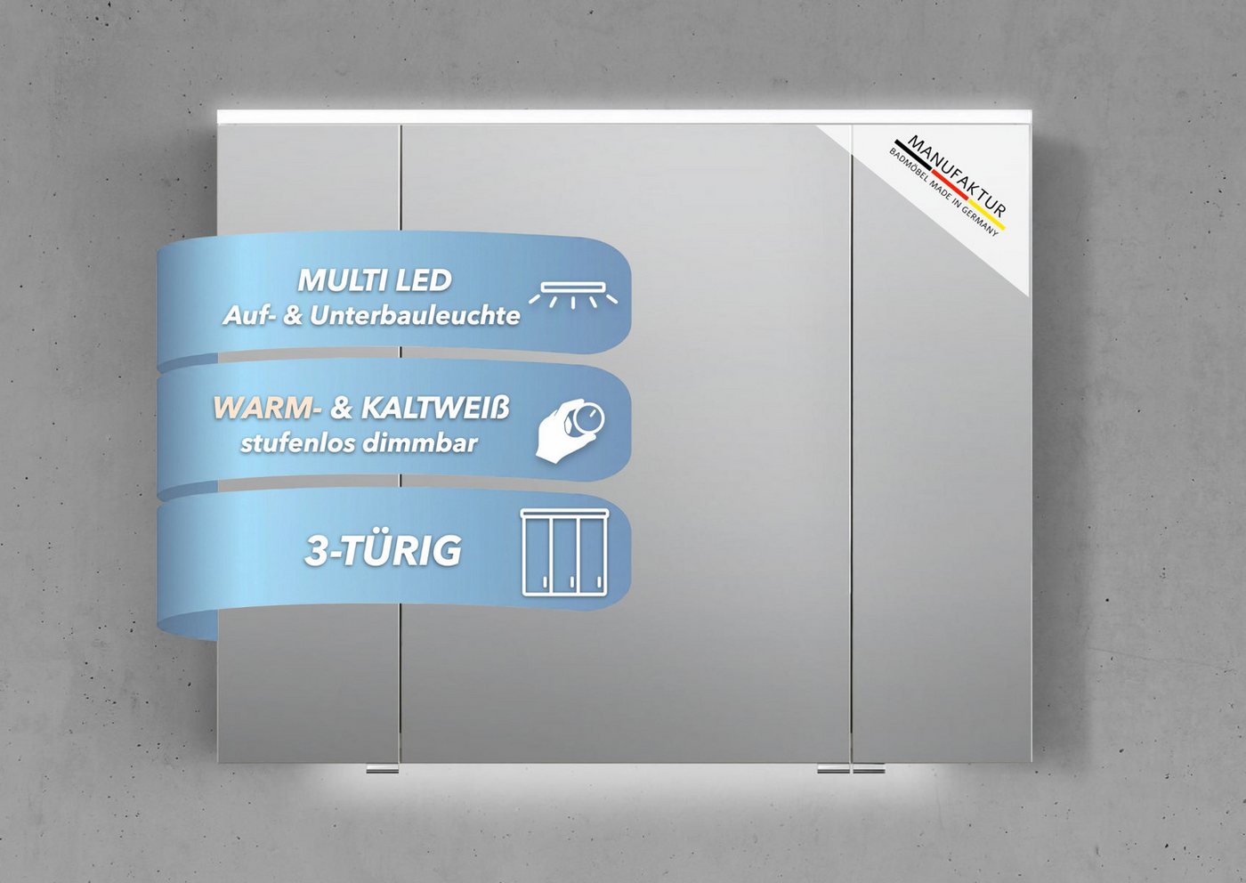 Intarbad Badezimmerspiegelschrank 3-türiger Spiegelschrank mit MULTI LED Beleuchtung, stufenlos dimmbar (Doppelspiegeltüren, Holz-/ Lackdekore, Maße von 90 bis 180 cm wählbar, Höhe 71,8 cm, Glasfachböden, Magnetleiste & Kosmetikspiegel Ø 12 cm) Vormontierte Lieferung, Floatglas, 160 kg Traglast, Made in Germany Bild 3