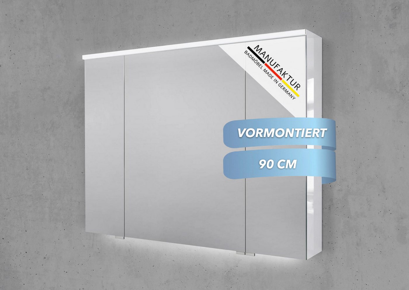 Intarbad Badezimmerspiegelschrank 3-türiger Spiegelschrank mit MULTI LED Beleuchtung, stufenlos dimmbar (Doppelspiegeltüren, Holz-/ Lackdekore, Maße von 90 bis 180 cm wählbar, Höhe 71,8 cm, Glasfachböden, Magnetleiste & Kosmetikspiegel Ø 12 cm) Vormontierte Lieferung, Floatglas, 160 kg Traglast, Made in Germany Bild 4