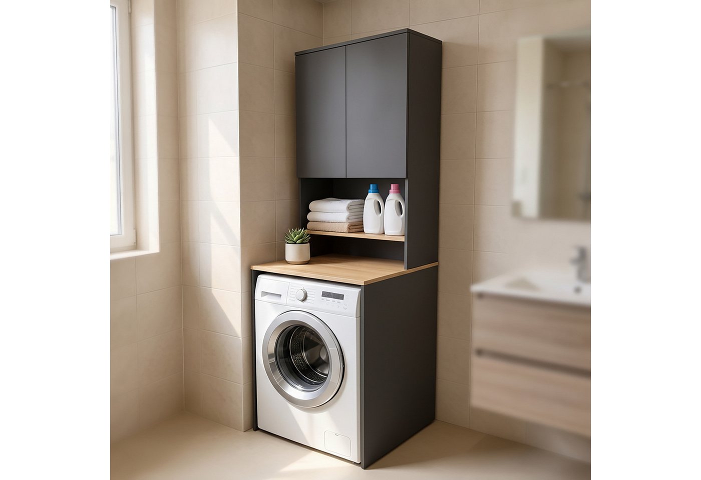 relaxdays Waschmaschinenumbauschrank Waschmaschinenschrank mit 2 Türen Anthrazit Bild 2