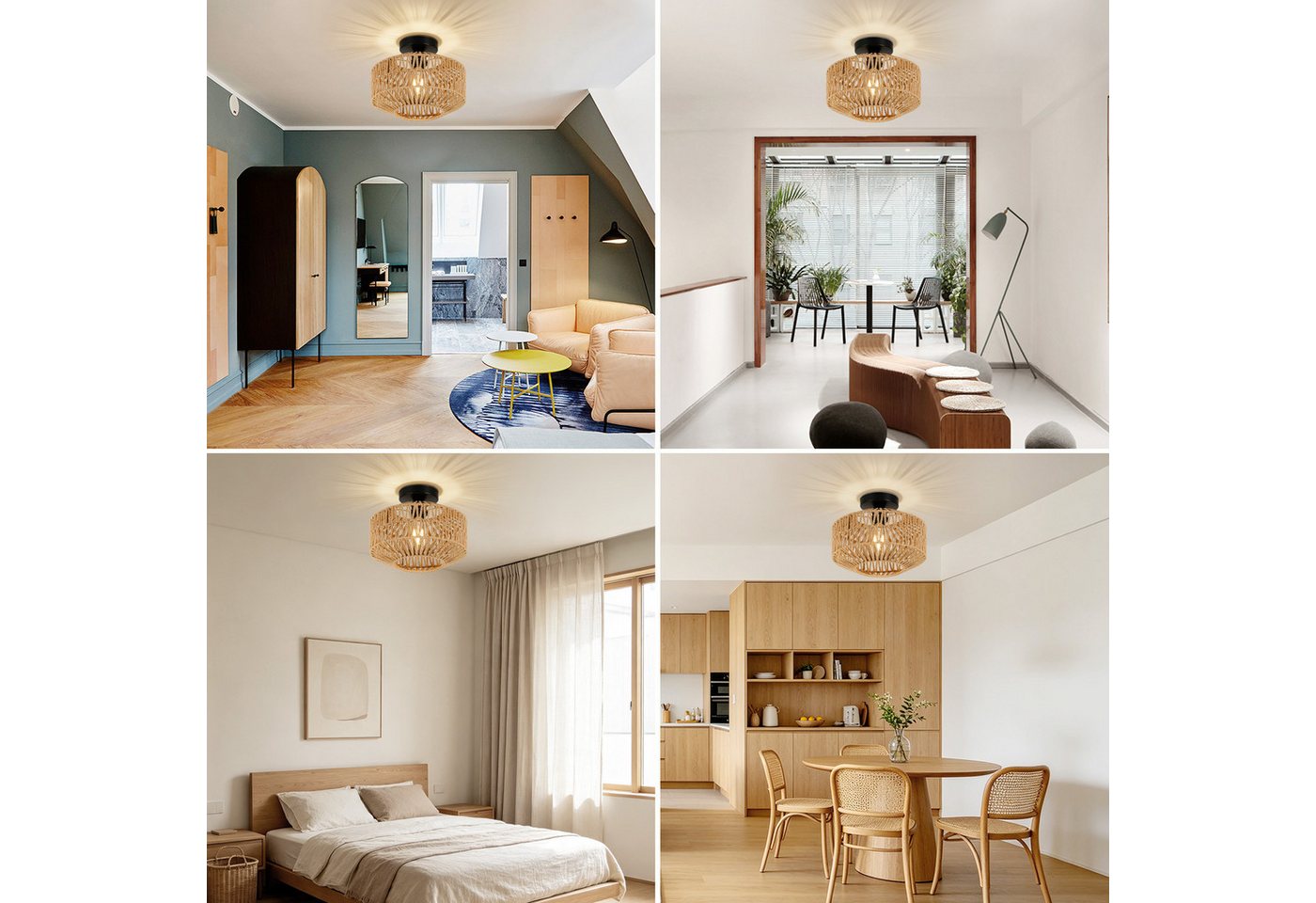 JDONG Deckenleuchte Boho Vintage mit Rattan Lampenschirm Ø30cm E27 Vintage Kronleuchter, ohne Leuchtmittel, Deckenleuchte,schlafzimmerlampe, mit Metallsockel, Rustikal Beleuchtung Dekoration für Wohnzimmer,Küche,Flur