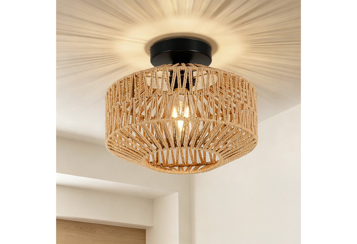 JDONG Deckenleuchte Boho Vintage mit Rattan Lampenschirm Ø30cm E27 Vintage Kronleuchter, ohne Leuchtmittel, Deckenleuchte,schlafzimmerlampe, mit Metallsockel, Rustikal Beleuchtung Dekoration für Wohnzimmer,Küche,Flur Bild 2