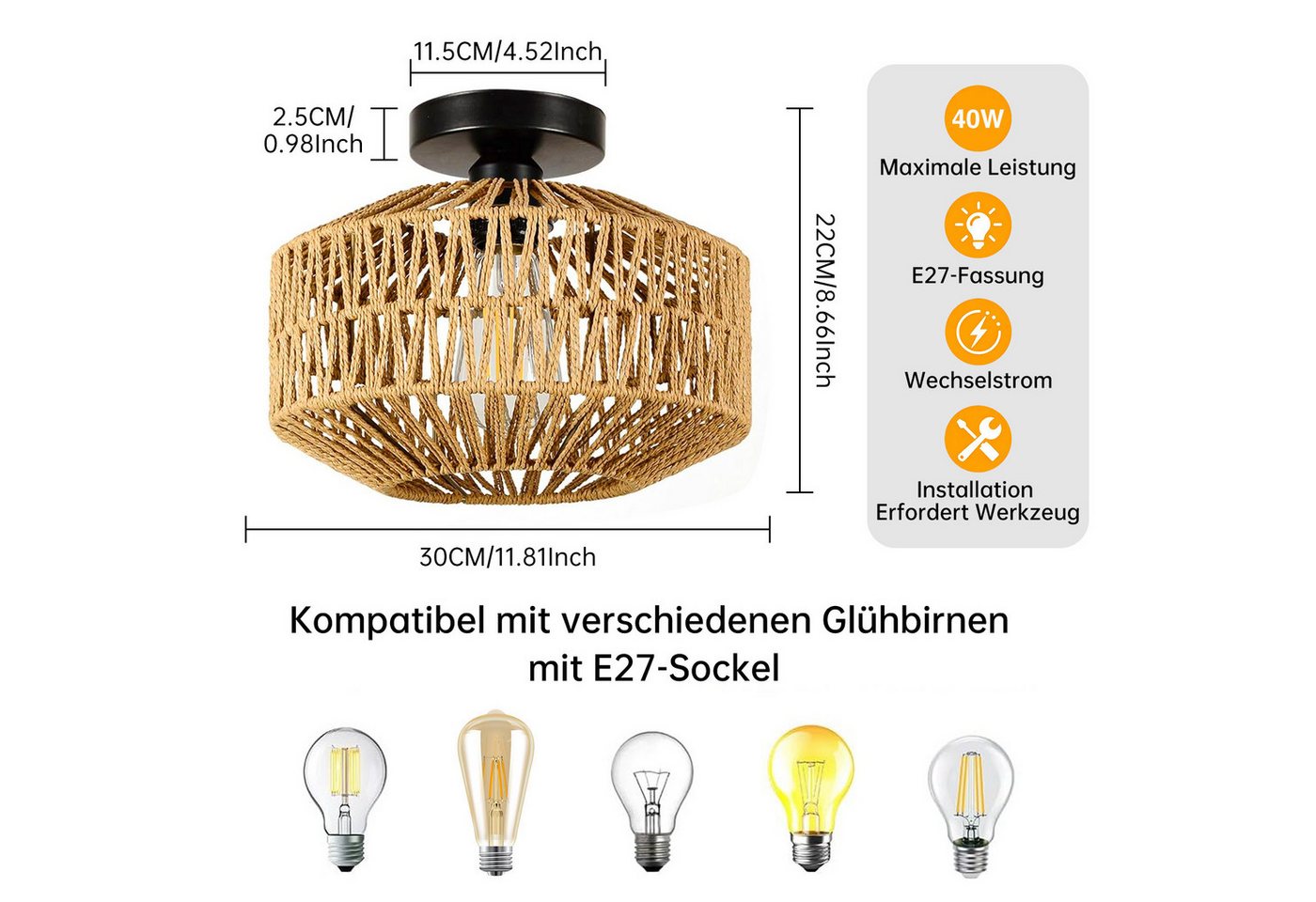 JDONG Deckenleuchte Boho Vintage mit Rattan Lampenschirm Ø30cm E27 Vintage Kronleuchter, ohne Leuchtmittel, Deckenleuchte,schlafzimmerlampe, mit Metallsockel, Rustikal Beleuchtung Dekoration für Wohnzimmer,Küche,Flur Bild 4