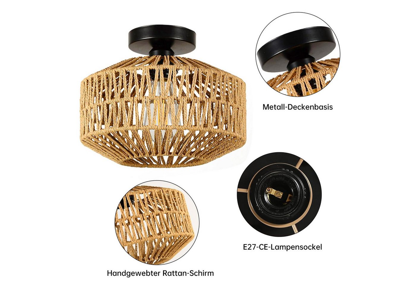 JDONG Deckenleuchte Boho Vintage mit Rattan Lampenschirm Ø30cm E27 Vintage Kronleuchter, ohne Leuchtmittel, Deckenleuchte,schlafzimmerlampe, mit Metallsockel, Rustikal Beleuchtung Dekoration für Wohnzimmer,Küche,Flur Bild 5