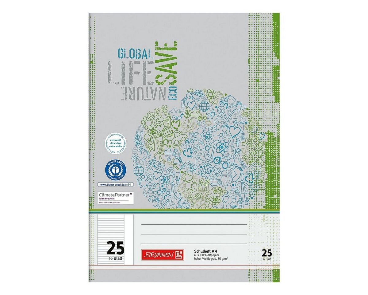 BRUNNEN Schulheft Recycling, A4, liniert (Lineatur 25), mit Außenrand, ungelocht, 16 Blatt