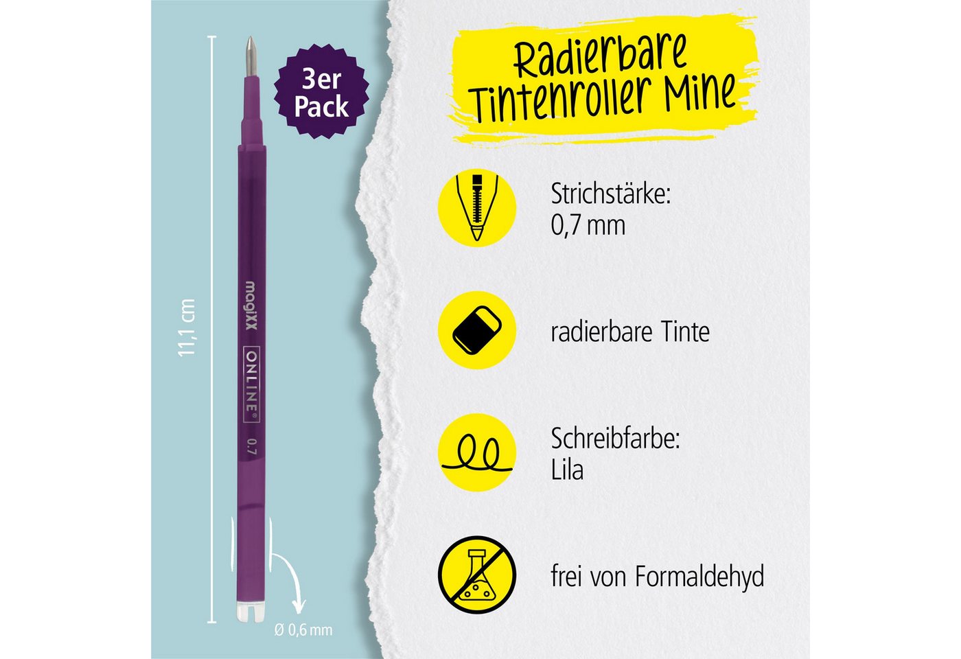 Online Pen Tintenroller magiXX Mine, (3x radierbare Ersatzminen lila für Gelschreiber), Nachfüll-Minen kompatibel mit Pilot Frixion, magiXX Gelstift Bild 3