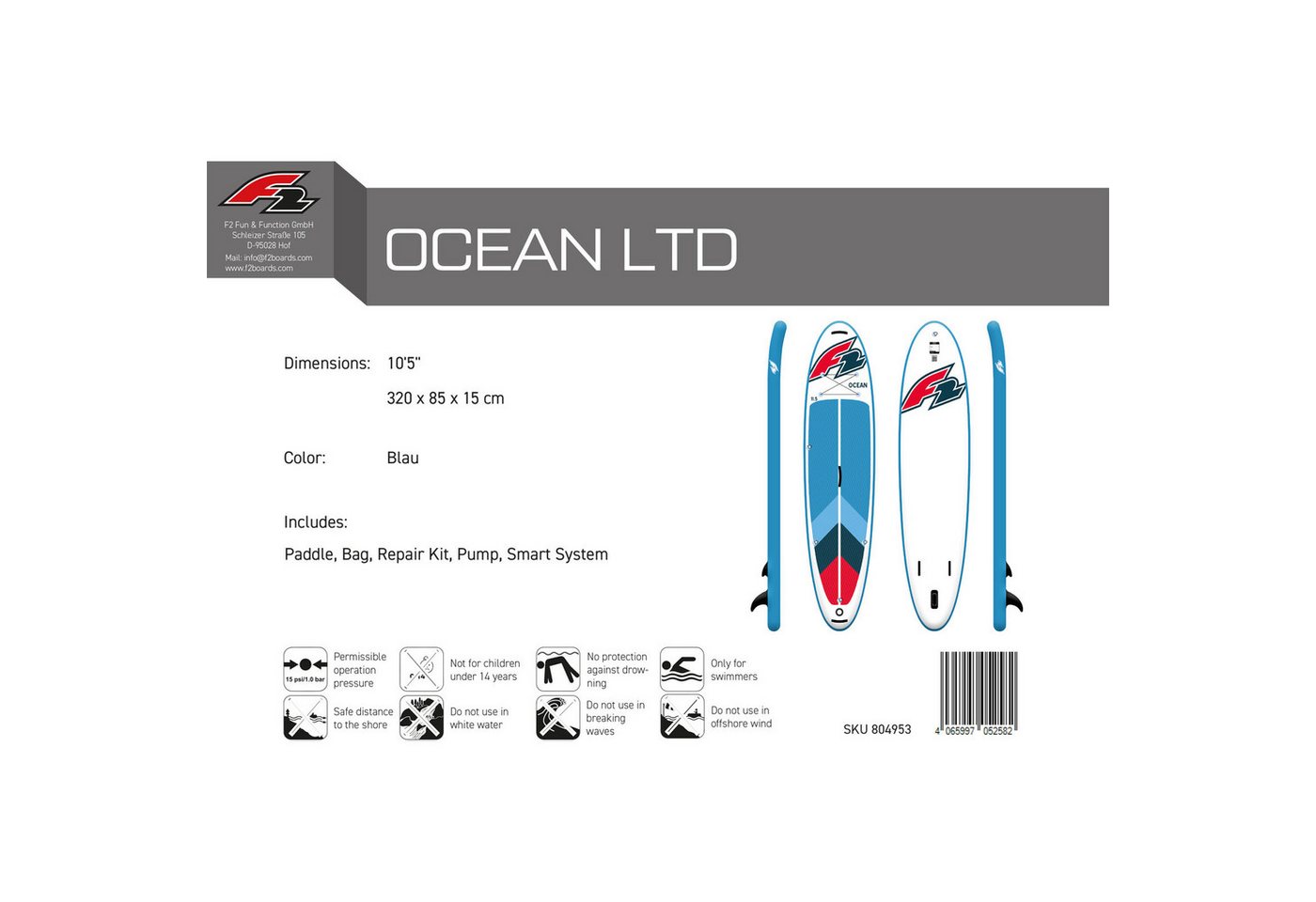 F2 SUP-Board F2 Stand up Paddle Board OCEAN LTD SUP Board Only 10,5 Rot, Stand up paddle board